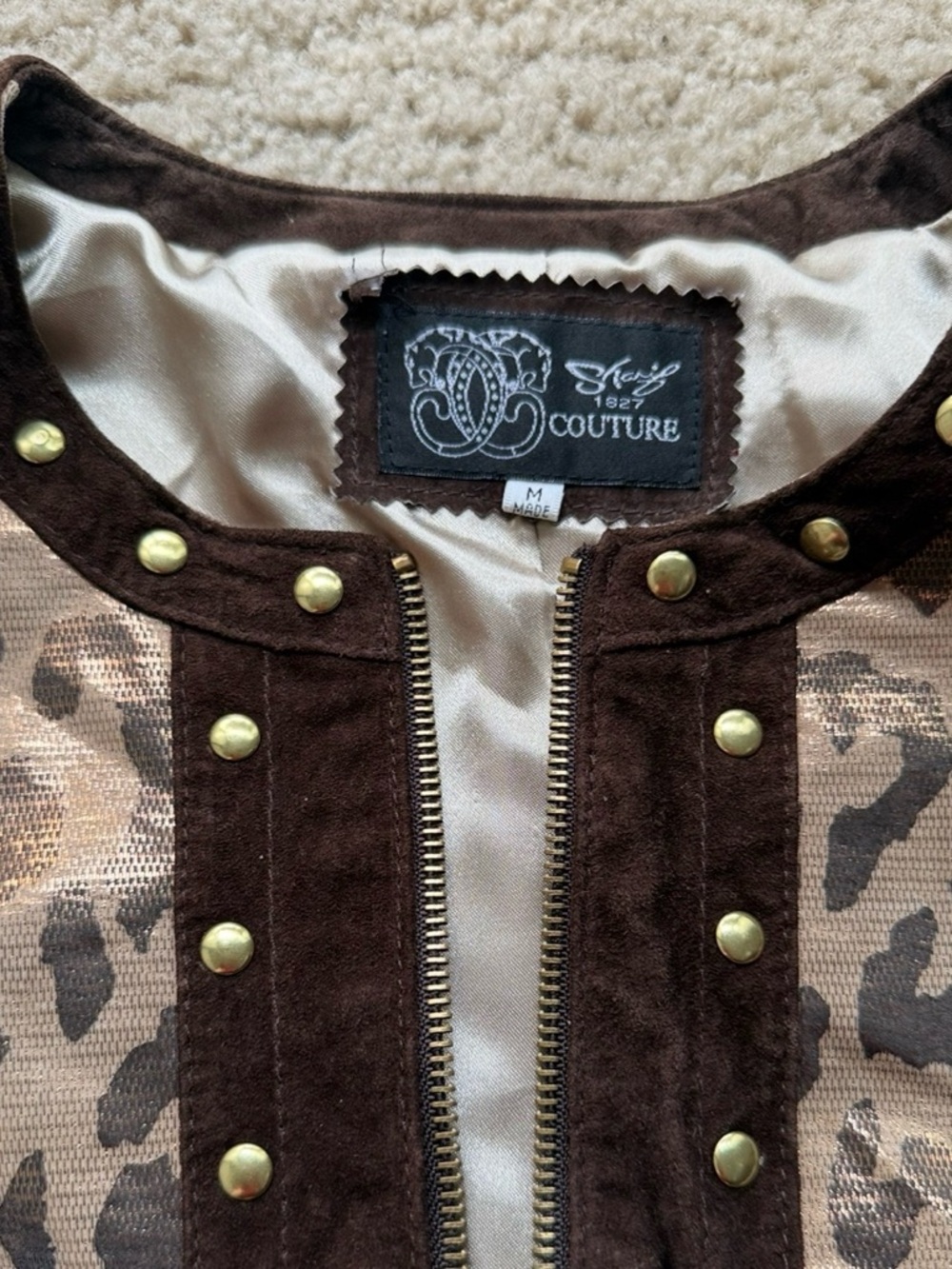 Animal Leopard Print Leather Suede Jacket Studded Military Style Zip Front M - Picture 14 of 17